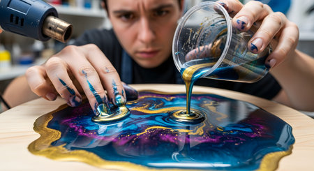 A focused artist pours shimmery blue and gold epoxy resin from a plastic cup onto a circular wooden board. Another hand uses a heat gun to pop bubbles, creating a vibrant, abstract resin art piece.の素材