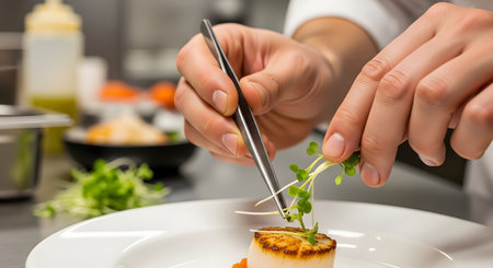 A professional chef in a commercial kitchen meticulously garnishes a seared scallop with fresh microgreens using culinary tweezers. The focus on the hands and the delicate placement of the garnish highlights the precision and artistry of fine dining cuisine.の素材