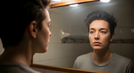 A person with short hair looks at their own reflection in a bathroom mirror with a serious, introspective expression. The moody lighting highlights themes of self-identity, reflection, contemplation, and mental health.の素材