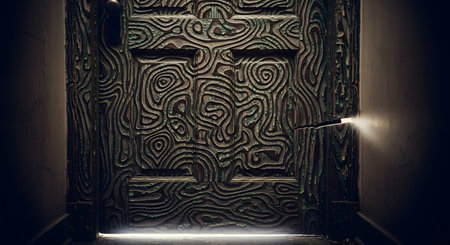 A mysterious, dark wooden door features a surreal, deeply carved, swirling pattern, giving it an ancient and eerie appearance. A sliver of bright light peeks through a crack in the door, suggesting a secret, an opportunity, or something unknown beyond.の素材