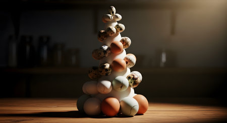 A unique and artistic Christmas tree made from a white cone decorated with a variety of eggs, including chicken and speckled quail eggs. The unconventional holiday decoration stands on a wooden table in a dimly lit, cozy setting, representing creativity and alternative celebrations.の素材