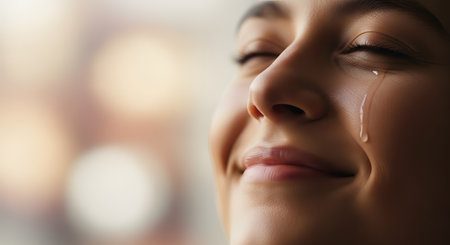 A poignant close-up captures a woman's face as she smiles with her eyes closed, a single tear of happiness rolling down her cheek. This powerful image conveys deep emotions such as joy, relief, gratitude, and overwhelming contentment.の素材