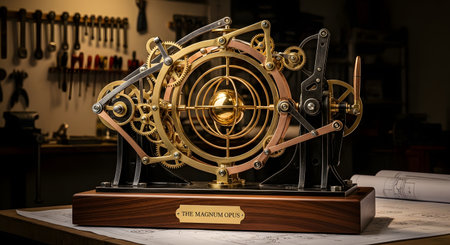An exceptionally intricate mechanical device, resembling an orrery or a complex clockwork machine, is displayed in a workshop. Made from brass and copper gears on a wooden base with a plaque reading 'The Magnum Opus', it represents a masterpiece of invention and steampunk engineering.の素材