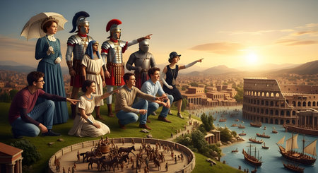 A surreal and imaginative scene where people from various historical periods, including Roman soldiers, a Victorian lady, and modern tourists, stand together on a hill overlooking an ancient city that resembles Rome. This conceptual image represents time travel, history, the passage of time, and shared human experience.の素材