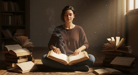 A woman sits cross-legged on a floor, surrounded by stacks of old books, meditating with her eyes closed. She holds an open, blank book in her lap from which a wisp of smoke rises. The room is warmly lit, with dust particles visible in the air, creating a magical or spiritual atmosphere.の素材
