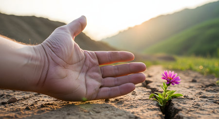A close-up of a human hand reaching towards a small, vibrant purple flower sprouting from dry, cracked earth. The background shows rolling hills illuminated by a warm, setting or rising sun, symbolizing hope, resilience, and new beginnings.の素材