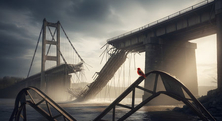 A dramatic post-apocalyptic scene of a collapsed suspension bridge, with wreckage falling into the water. A single small red bird sits on a piece of twisted metal in the foreground, creating a stark contrast. The sky is dark and stormy.の素材