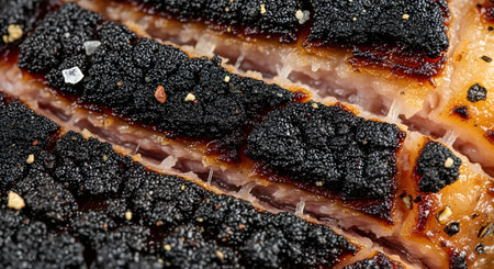 A macro, close-up shot of smoked and scored pork belly with a thick, black, charred crust or bark. The texture of the crispy skin and the juicy meat underneath is highly detailed, highlighting a rich and savory barbecue dish.の素材
