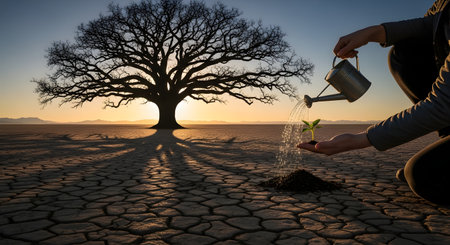 A conceptual image showing hands using a watering can to nurture a tiny green seedling growing in dry, cracked desert soil. In the background, a large, silhouetted tree stands against a sunset, symbolizing hope, growth, new beginnings, and environmental care.の素材