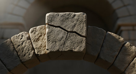 A close-up shot of the keystone of a stone archway, which is noticeably cracked. The textured, weathered stone blocks are illuminated by warm sunlight, highlighting the crack and suggesting age, damage, or structural vulnerability.の素材