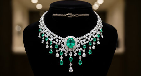 A luxurious emerald and diamond necklace displayed on a black bust. The necklace features a large oval emerald centerpiece surrounded by diamonds, with smaller emeralds and diamonds dripping down. The background is softly blurred.の素材