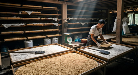 An Asian man works in a rustic drying room, sorting raw soybeans spread on large wooden trays. Beams of light shine down from above, illuminating the beans and the dusty air in the traditional food processing workshop.の素材