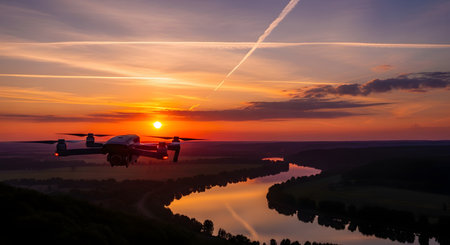 A modern quadcopter drone hovers in the air, capturing a stunning aerial view of a winding river and rolling hills at sunset. The sky is painted with vibrant orange and purple hues, and crossed by jet contrails, symbolizing technology and nature.の素材