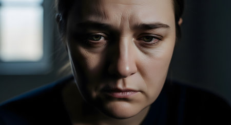 An extreme close-up portrait of a woman's face showing intense sadness and despair. Her eyes are watery and tired, and the moody, low-key lighting highlights her distressed expression, conveying depression, grief, or mental health struggles.の素材