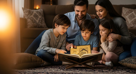 A happy Muslim family, including a mother, father, and three children, gather on the floor of their cozy living room. They are lovingly reading the Quran, which is open on a wooden stand and glowing with a warm light, symbolizing faith and family bonding.の素材