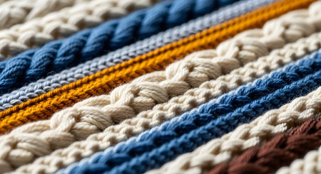 A macro close-up shot of various knitted wool patterns, showcasing different braids, cables, and stitches. The textured yarn is in multiple colors, including cream, blue, yellow, and brown, arranged in horizontal lines.の素材
