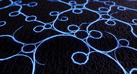 An abstract, futuristic background showing glowing blue, organic lines branching and looping across a dark, textured surface. The pattern resembles a neural network, synapses, or microscopic fibers.の素材