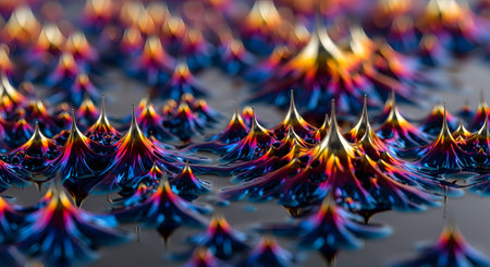 A mesmerizing macro shot of a colorful, iridescent ferrofluid responding to a magnetic field. The liquid forms sharp, glossy peaks and valleys, creating a dynamic and futuristic abstract background.の素材