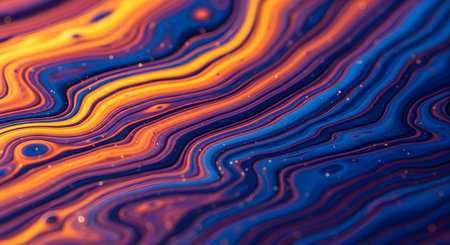 A vibrant abstract background of flowing liquid paint in deep blue and bright orange/gold colors, resembling a marble or agate texture. Tiny gold glitter particles are scattered throughout the fluid swirls, adding a sparkling effect.の素材