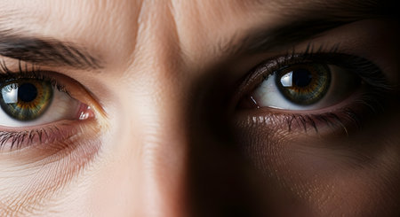 An intense, dramatic macro shot of a person's eyes, showing a deep frown and conveying strong emotions such as anger, worry, or intense focus. The lighting highlights the texture of the skin and the detail of the iris.の素材
