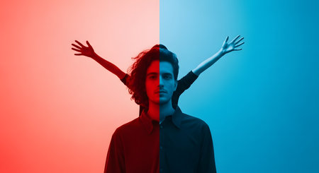 A conceptual art portrait of a young man's face split down the middle by red and blue light, with the shadow of a woman with outstretched arms behind him. The image explores themes of duality, inner conflict, relationships, and the conscious versus subconscious mind.の素材