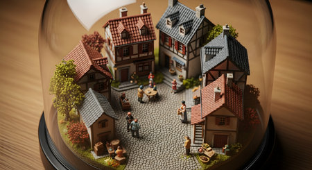 A miniature diorama of a quaint European village scene, enclosed within a glass dome (cloche). The scene includes tiny half-timbered houses, cobblestone streets, and small figures of people.の素材