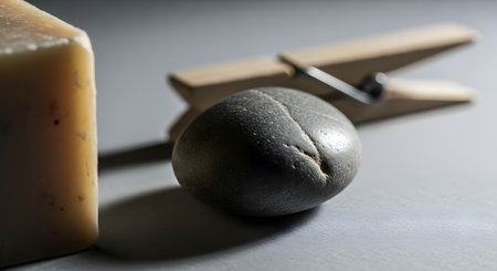 A minimalist and abstract still life composition featuring a smooth grey stone, a wooden clothespin, and a bar of natural soap on a neutral surface. The arrangement and soft lighting create a sense of calm, balance, and zen-like simplicity.の素材