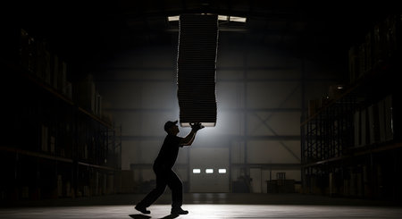 A dramatic, backlit silhouette of a worker in a large, dark warehouse. The man is carrying a tall, heavy stack of items, and he is framed by a bright light from a distant door. Shelving is visible in the shadows.の素材