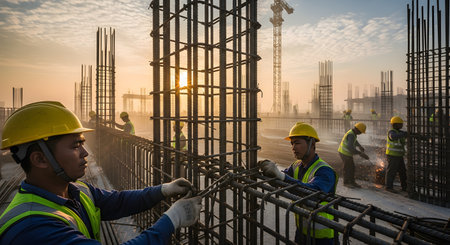 A team of construction workers in yellow hard hats and safety vests are on a building site, manually tying steel rebar for concrete reinforcement. The scene is set at sunrise or sunset, with a crane and other rebar columns in the background.の素材