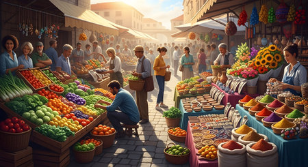 A vibrant and bustling outdoor farmers market is filled with people shopping for fresh produce, flowers, and spices. The sunlit scene, with its colorful stalls and cobblestone street, evokes a sense of community, healthy living, and local commerce.の素材