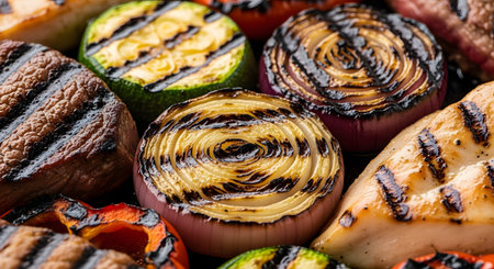 An extreme close-up macro shot of various foods on a barbecue grill. Grilled red onion slices, zucchini, red pepper, steak, and chicken breast are visible, all with distinct char marks.の素材