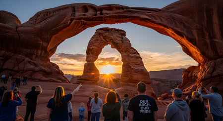 A crowd of tourists, seen from behind, watch and photograph the sunset through the iconic Delicate Arch in Arches National Park, Utah. The setting sun creates a starburst effect, illuminating the red rock formations.の素材