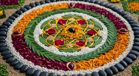 A beautiful, intricate circular mandala, similar to a Rangoli or Onam Pookalam, made from natural materials. The design uses colorful flower petals, green leaves, white and green seeds, and black stones, arranged in a vibrant, spiritual pattern on the ground.の素材