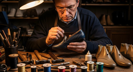 A mature, focused cobbler or shoemaker with glasses sits at his workbench, meticulously hand-stitching a blue leather shoe. His traditional workshop is filled with tools, leather spools, and shoe lasts, symbolizing craftsmanship, tradition, and artisanal skill.の素材