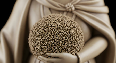 An abstract, monochrome close-up of a sculpted figure holding a sphere covered in a dense texture of tiny pellets. The image has a mysterious and artistic quality, focusing on form, texture, and the contrast of smooth and rough surfaces.の素材
