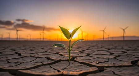 A single green sprout with a dewdrop on its leaf emerges from dry, cracked desert soil at sunrise, with a wind farm in the background. This powerful image symbolizes hope, resilience, new life, growth, and the concept of renewable energy in the face of climate change.の素材