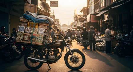 A motorcycle is parked on a busy street in a traditional Asian market, heavily overloaded with goods including decorative tiles and baskets. The scene is bathed in the warm light of sunrise or sunset, capturing the hustle and bustle of daily life.の素材