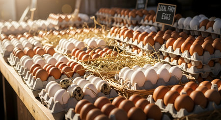 A display of fresh brown, white, and speckled quail eggs at a farmer's market, lit by warm sunlight. The eggs are arranged in grey paper cartons and on beds of straw, with a sign in the background reading 'Local Farm Eggs'.の素材