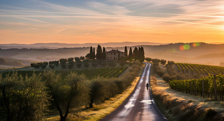 A breathtaking sunrise over the rolling hills of Tuscany, Italy, featuring a lone cyclist on a winding country road leading to a classic villa with cypress trees. The golden light illuminates the vineyards, creating a picturesque and serene European travel scene.の素材