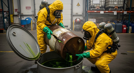 Two workers in yellow hazmat suits and gas masks carefully handle a rusty, leaking barrel of green toxic waste. They are pouring the hazardous chemical into a larger containment drum inside an industrial warehouse.の素材