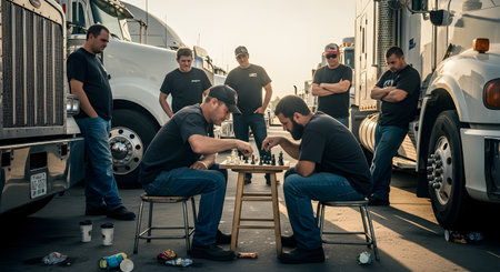 A group of male truck drivers are gathered in a truck stop parking lot, watching two of their colleagues play chess. The men are sitting on stools between two large semi-trucks, with coffee cups and trash on the ground.の素材