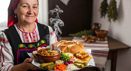 A smiling woman wearing traditional Eastern European folk costume, including an embroidered vest and headscarf, proudly presents a platter of steaming hot, homemade food. The dish includes bread, a stew, and various pickles, representing hospitality and traditional cuisine.の素材