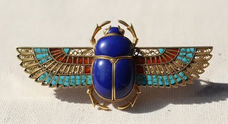 A beautiful vintage Egyptian revival brooch in the shape of a winged scarab beetle, set on a white linen background. The intricate jewelry features a central lapis lazuli body, filigree gold wings, and inlays of turquoise and carnelian, representing ancient Egyptian art and symbolism.の素材