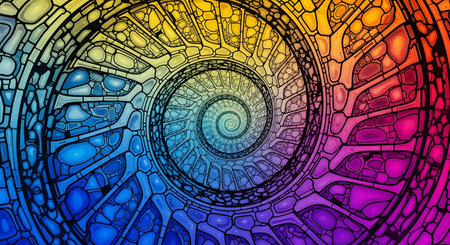 A vibrant, psychedelic spiral pattern resembling a stained-glass mosaic or a shell. The image features a full-spectrum rainbow gradient, starting with yellow in the center and transitioning to blue, purple, and pink on the outer edges.の素材