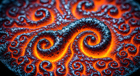 An extreme macro, abstract image of a molten, glowing orange substance resembling lava or hot metal. As it cools, it forms intricate, dark, swirling patterns and a rough texture, creating a powerful and mesmerizing natural background.の素材