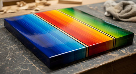 A block of wood with a vibrant,glossy rainbow gradient finish sits on a rustic workshop surface. The bright colors of the spectrum blend smoothly from blue to green,yellow,orange,and red,representing creativity,art,and modern design.の素材