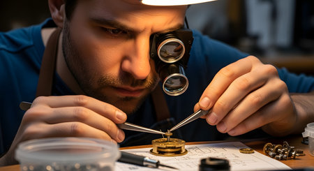 A focused watchmaker wears a magnifying loupe to meticulously repair the intricate inner mechanism of a watch. Using fine tweezers, he demonstrates extreme precision, patience, and the skilled craftsmanship required in horology.の素材