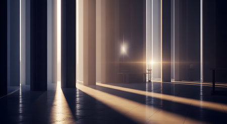A modern, minimalist hall with large columns and a shiny, reflective floor. Beams of light, both from vertical light strips and a bright source in the background, cut through the hazy atmosphere, creating dramatic shadows and a serene, spiritual mood.の素材