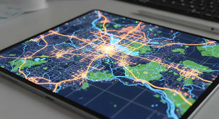 A modern tablet computer displays a glowing, futuristic map of a smart city. The map shows the street grid as illuminated orange lines, representing data flow or traffic, with green parks, symbolizing technology, navigation, and urban planning.の素材