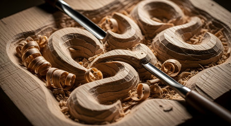 A close-up shot captures the process of wood carving, with sharp gouges and chisels resting on a piece of wood with intricate, swirling patterns being carved into it. Curled wood shavings are scattered around, highlighting the hands-on, traditional craft.の素材